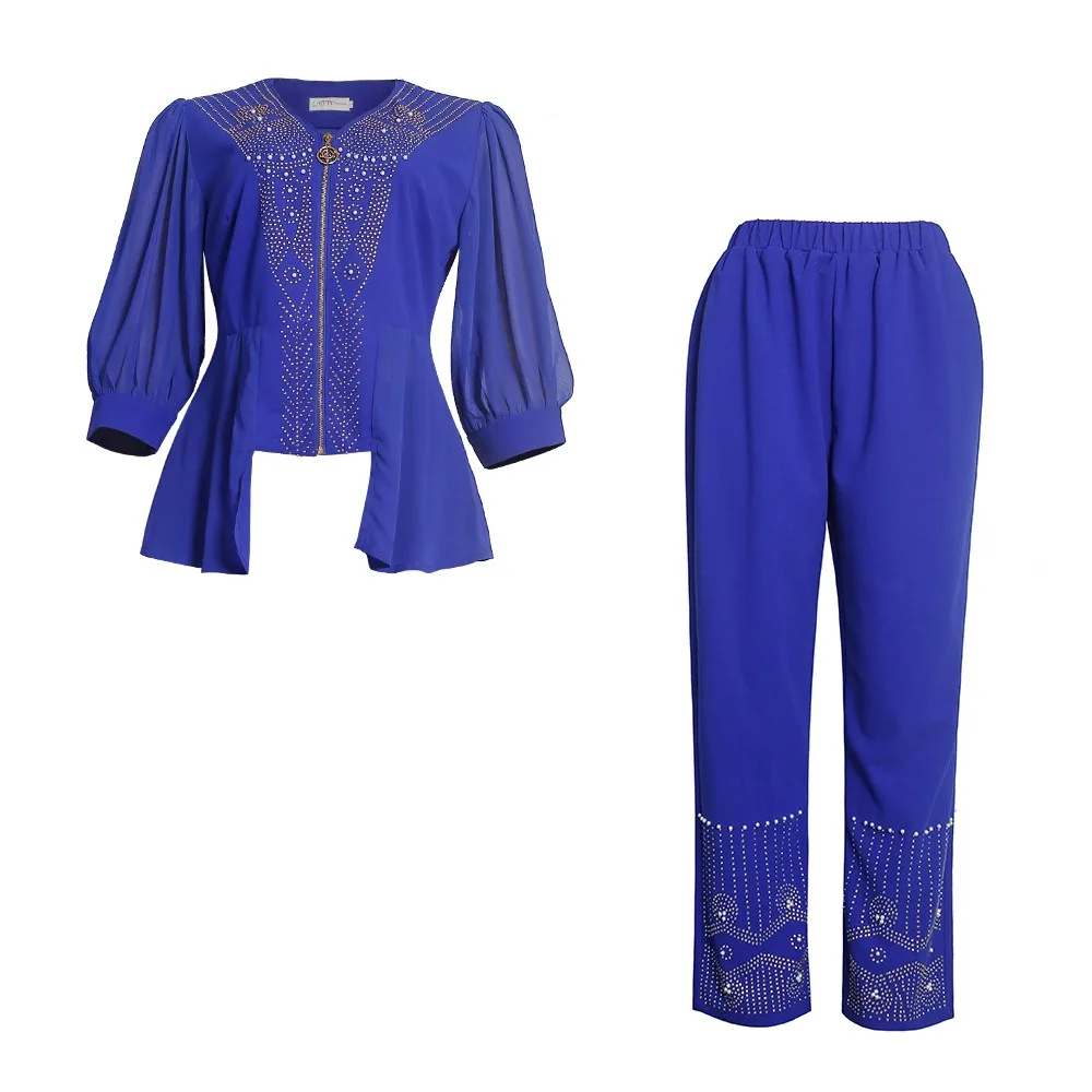 2023 Luxury Two Pieces Clothes Set African Women Shirt And Pants Sets With Rhinestone Top And Down Suits K0245