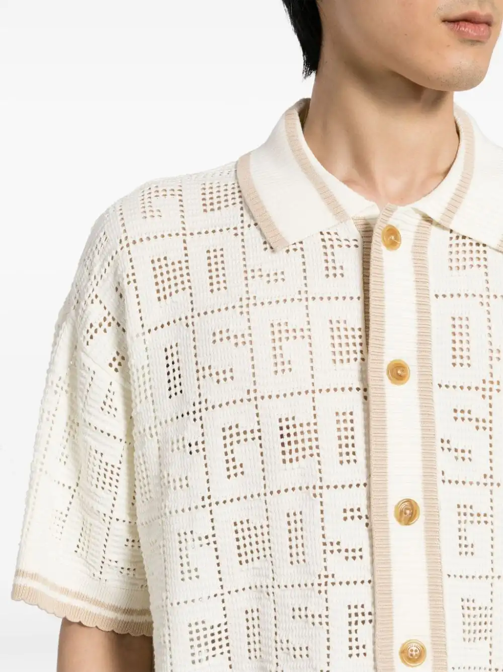 Manufacturer Provide Custom logo Pattern Men Short Sleeve Sweater Summer Button Closure Mesh Knit Polo Crochet Shirt