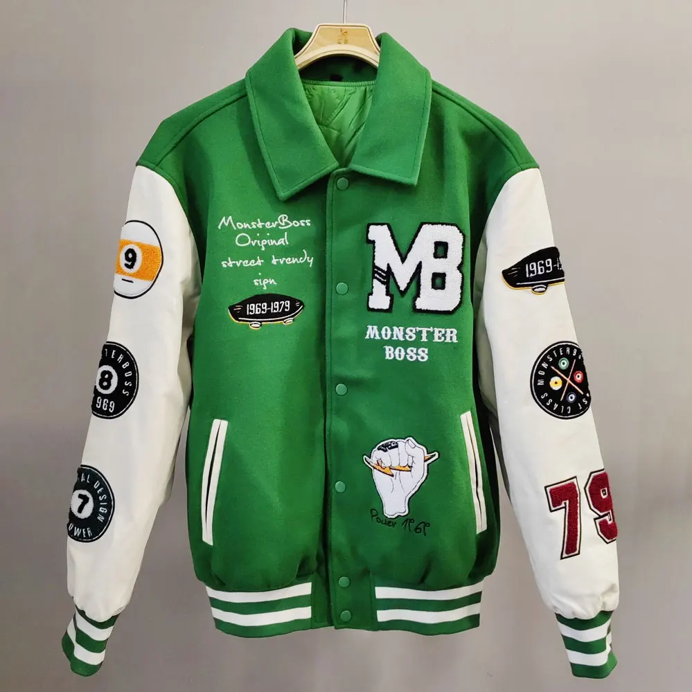 Huili oem wholesale high quality winter heavy weight varsity jacket with leather sleeves men designer custom varsity jacket