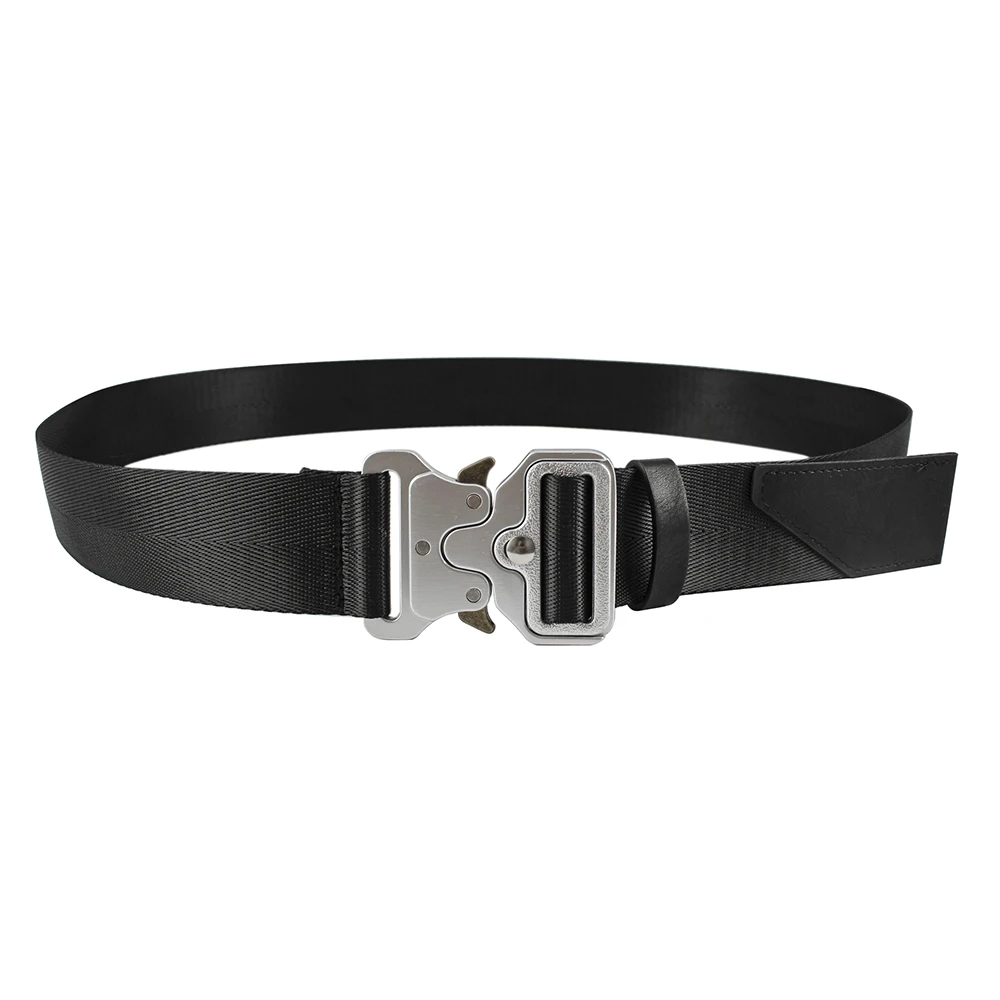 Black nylon braided belt with safety socket and zinc alloy cobra buckle, universal belt for both men and women