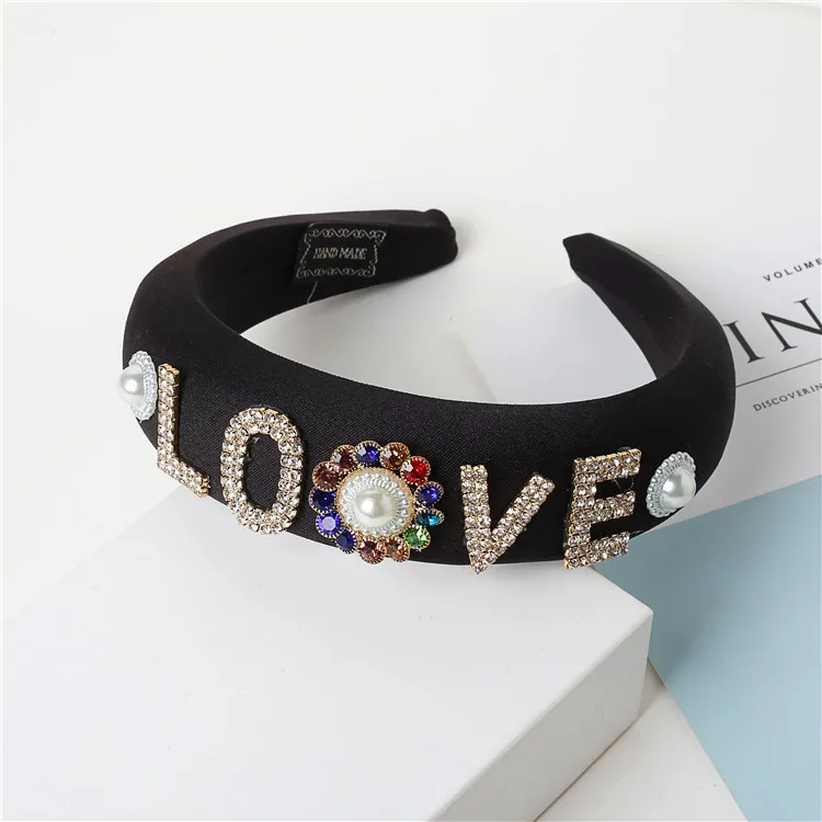 2021 Fashion Black Sponge PADDED Boss Letters Boujee Queen Crystal Baroque Bead Headband Lurex Rhinestone Headband
