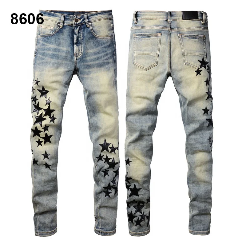 Quality Amiring Jeans Brand Slim Mens Clothing Fit Men Jeans Print for Amiriy Original Denim Mid Front 1V1 Woven Hip Hop Hole