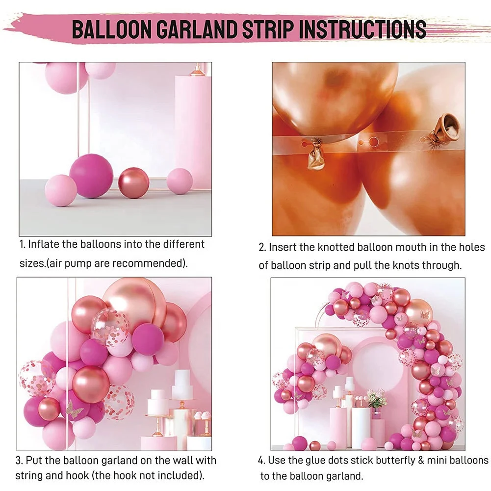 Pink Balloon Garland Arch Kit Butterfly Stickers Hot Pink Latex Balloons for Birthday Wedding Party Baby Shower Decorations