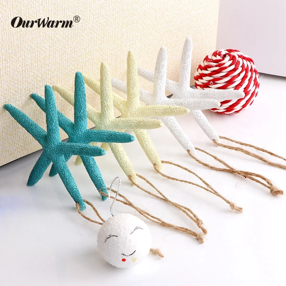 OurWarm Custom 10pcs White Plastic Artificial Resin Finger Starfish With Hemp Rope For Christmas Wedding Decor