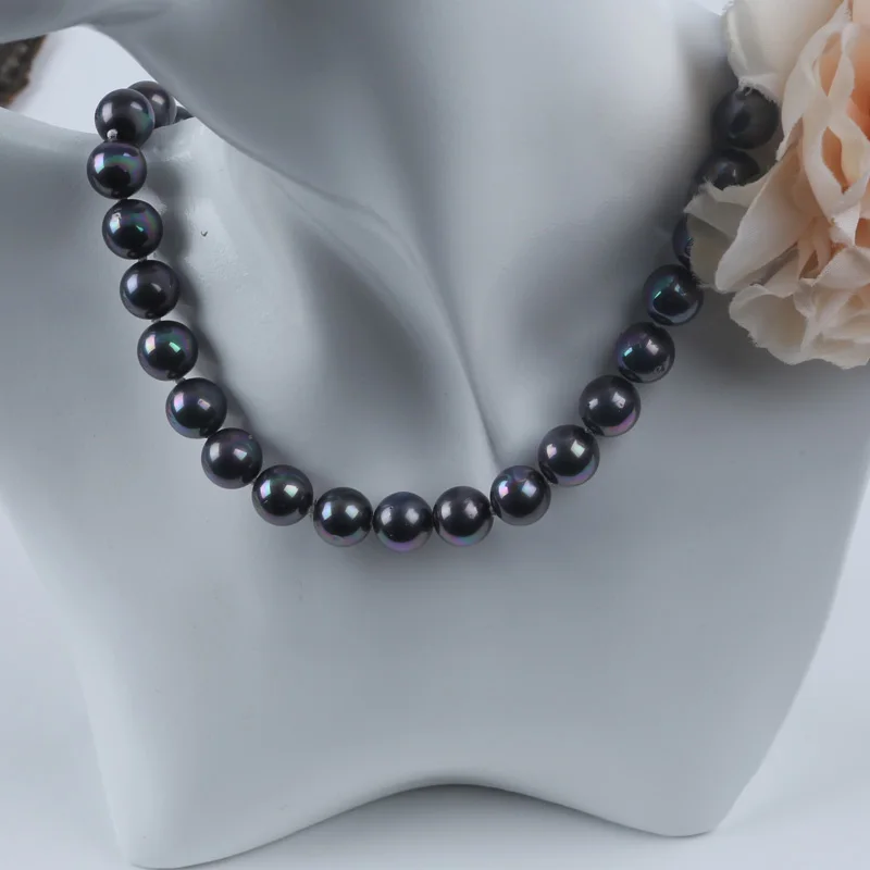Hot selling fashion 10mm Tahitian Black color shell pearl necklace jewelry set for woman