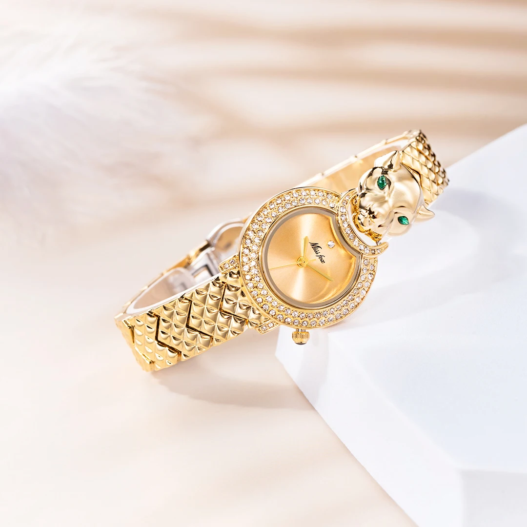 MISSFOX Elegant Leopard Shape Woman Watch Luxury Brand Gold Geneva Female Watch Japan Movt Waterproof Analog Quartz Wristwatch