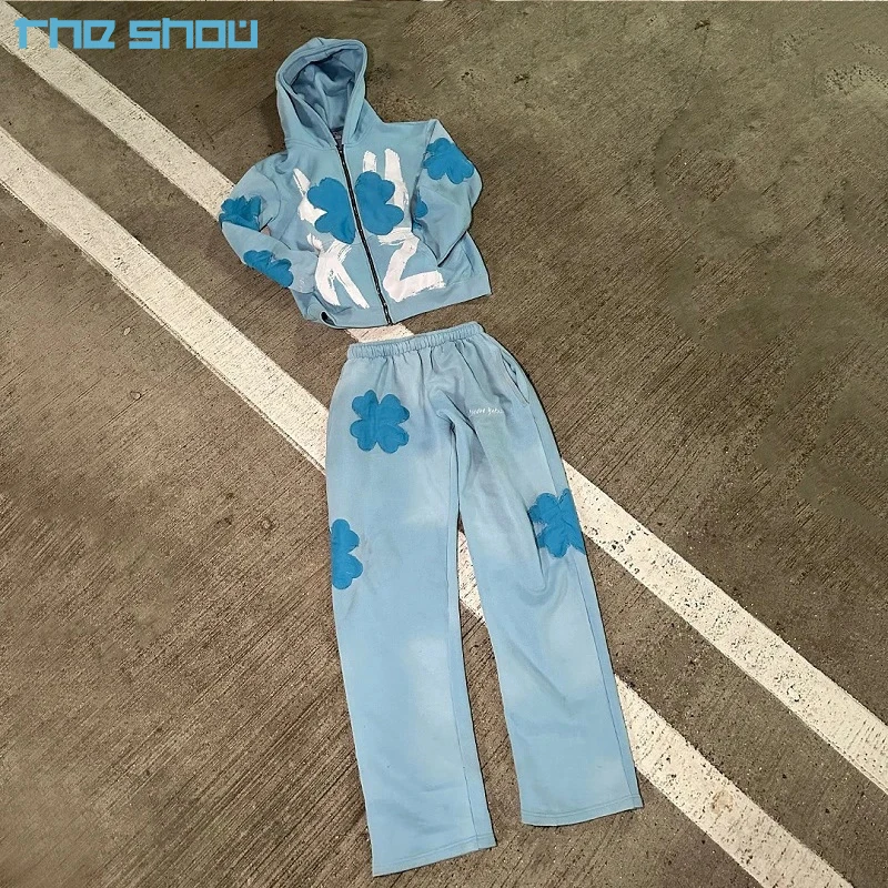 Patch Embroidered Streetwear Flare And Hoodie Set Sun Fade Acid Wash Tracksuits Letter Custom Logo Hoodies Sweat Suit Set