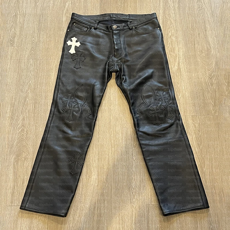 Custom Streetwear Stacked Pants Punk Hip Hop Trousers Embroidery Patch Men Leather Pants