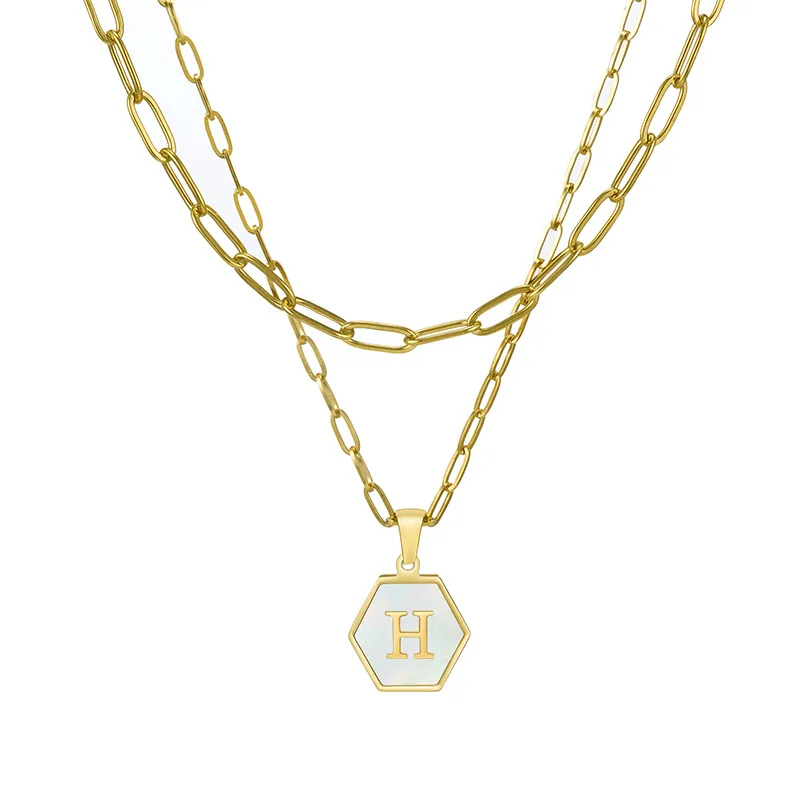 18K PVD gold Plated Double layers Stainless steel hexagon shell Initial letter necklace Wholesale Women Jewelry