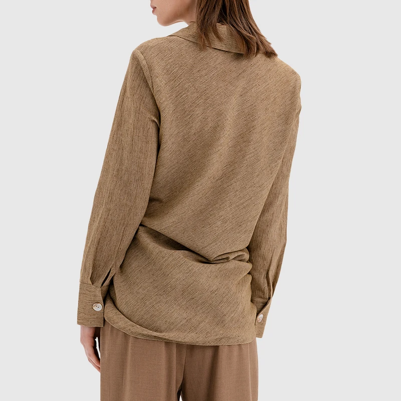 Wholesale customized lapel collar front waist twist tie loose blouses long sleeve linen shirts for women