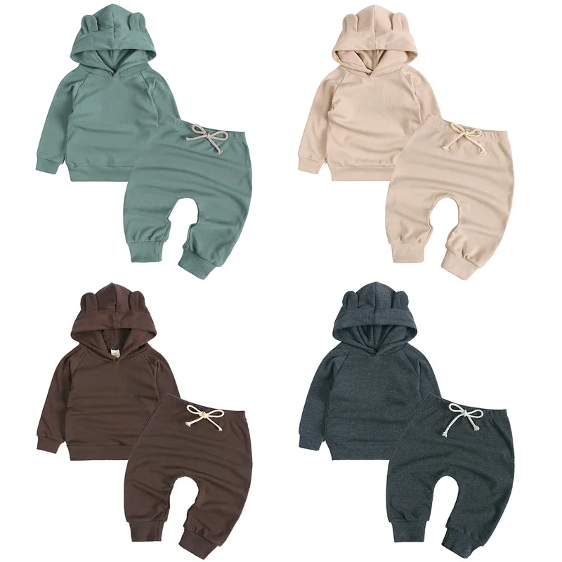 Brief Cotton material Solid color none pattern two pieces pullover hoodies outfit and casual pants boy toddler clothing sets