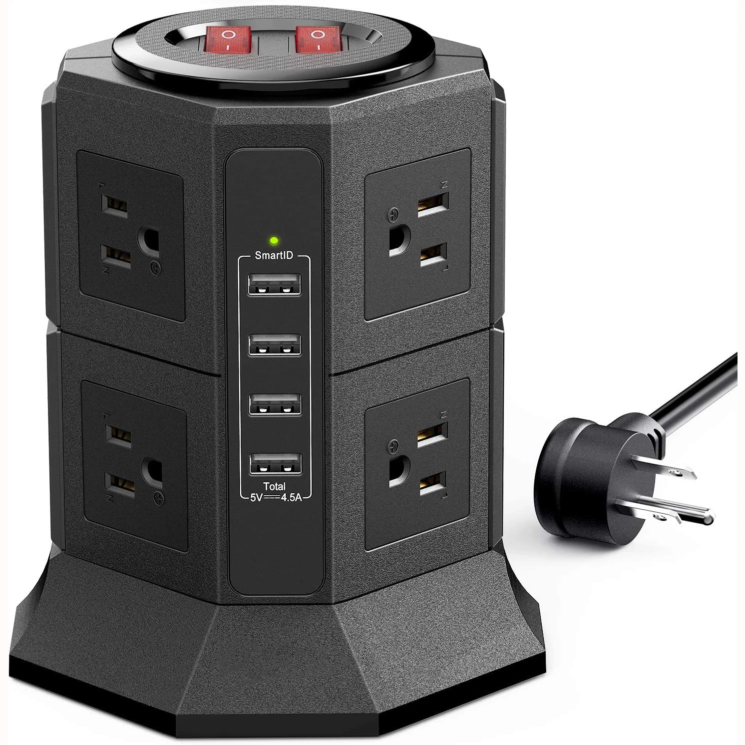 Power Strip Tower Gaming Surge Protector 8 AC Outlets 4.5A 4 USB Ports with 2m Extension Cord for Home and Office