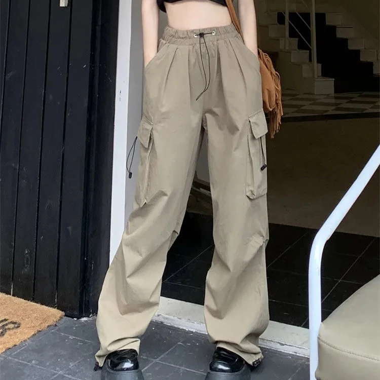 Custom OEM Manufacturer Vintage Pockets High Waist Streetwear baggy Casual ladies Long parachute Cargo Pant for women Trousers