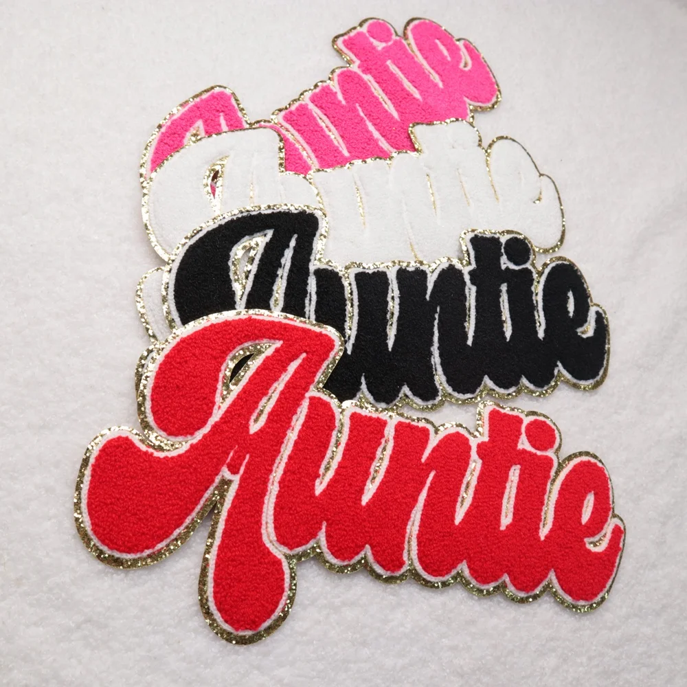 Wholesale Custom Towel Patches Iron On Glitter Letters Auntie Logo Chenille Embroidery Self Adhesive Patch For Clothing
