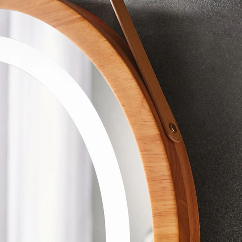 Custom-made Hotel Family bathroom Classic round flat solid wood frame Round leather belt hanging mirror