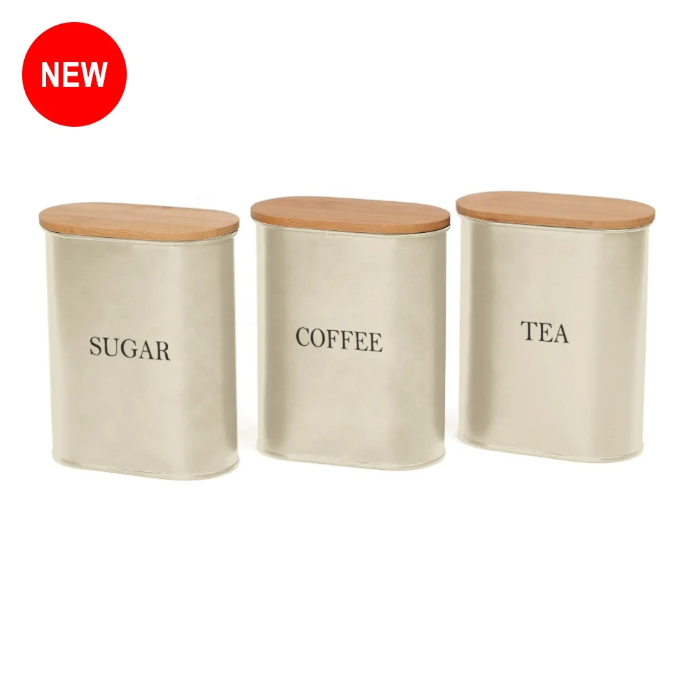 Vintage Kitchen Food Storage Jar With Bamboo Lid Galvanized Canister 3PCS Sugar Coffee Tea Canister Set Metal
