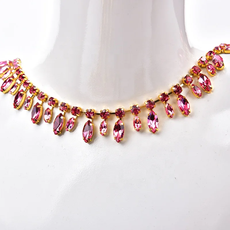 Handmade Horse Eyes and Round Glass Rhinestone Crystal Tassel Gold Plated Metal Cup Chain Flower Trim DIY Bridal Dress Belt Shoe