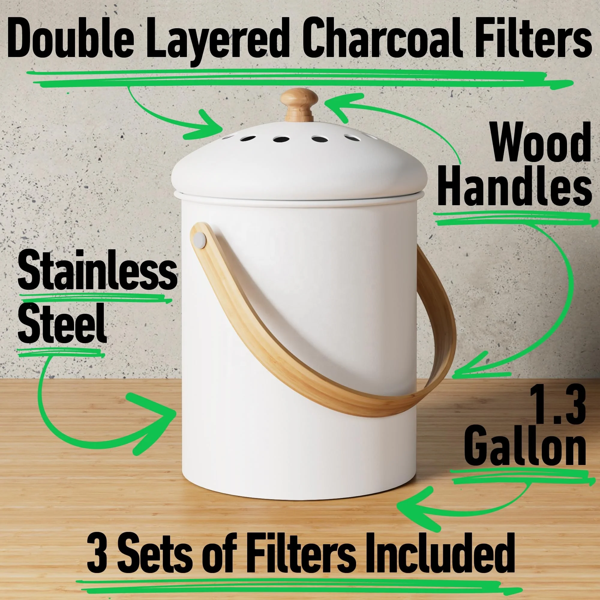 Home Indoor Metal Round food compostable container compost bin Kitchen fiber