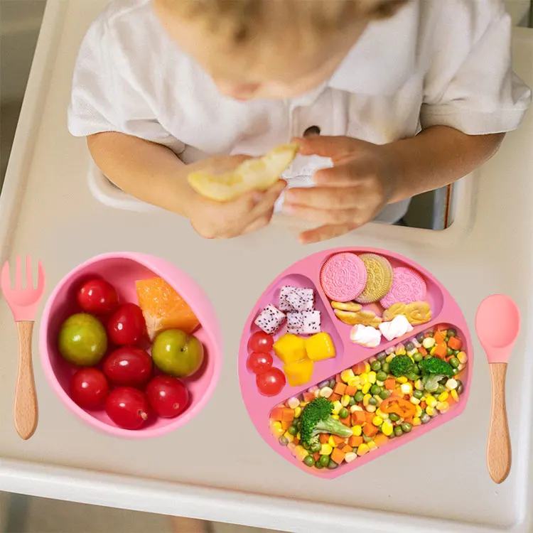 Reasonable Price Training Tableware Silicone Feeding Bib Wood Handle Spoon And Fork Baby Suction Bowl And Plate Set For Babies