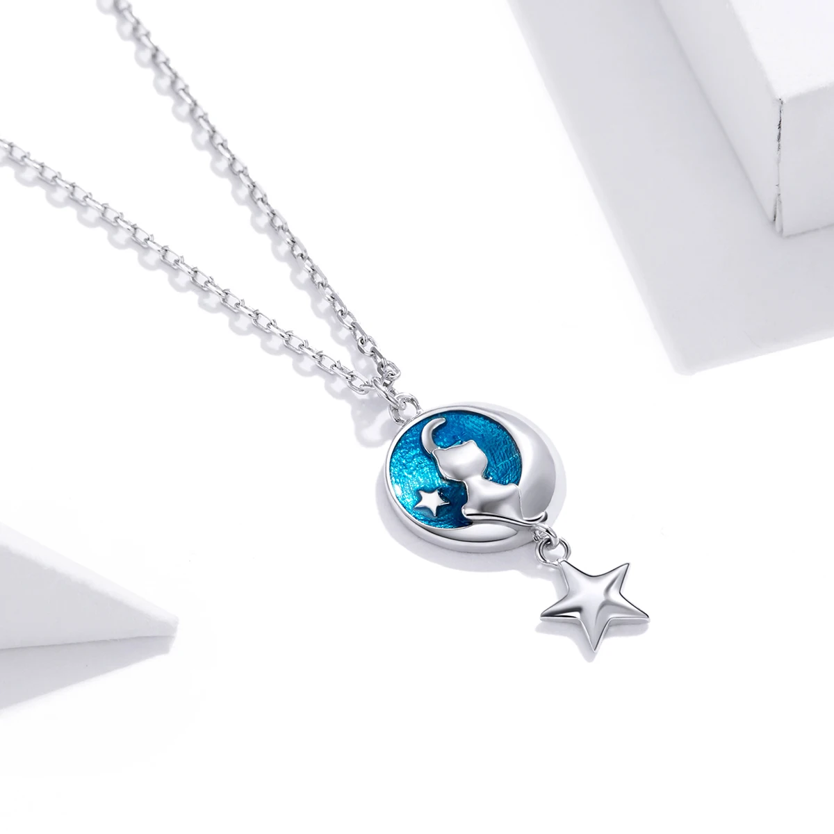 Enamel Jewelry Necklace 925 Sterling Silver White Gold Plated Celestial Stars Moon Pendant Cat Chain Necklace