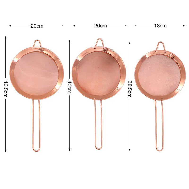 Rose Gold Fine Mesh Strainer 8 Pieces Set, Copper Flour Sifter For Baking, Stainless Steel Clander
