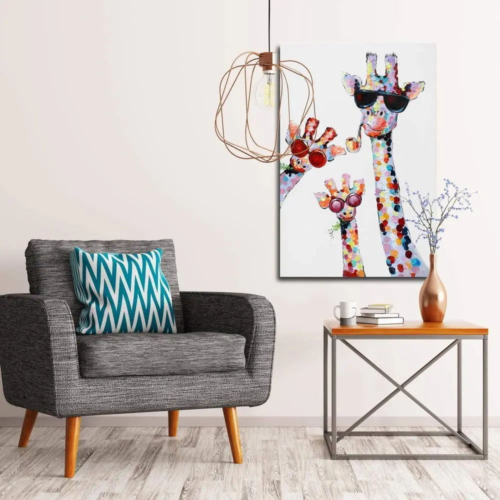 Cartoon Nursery Canvas Wall Art Handmade Impasto Textured Giraffe Family Animal Sunglasses Wall Decor Home Decoration