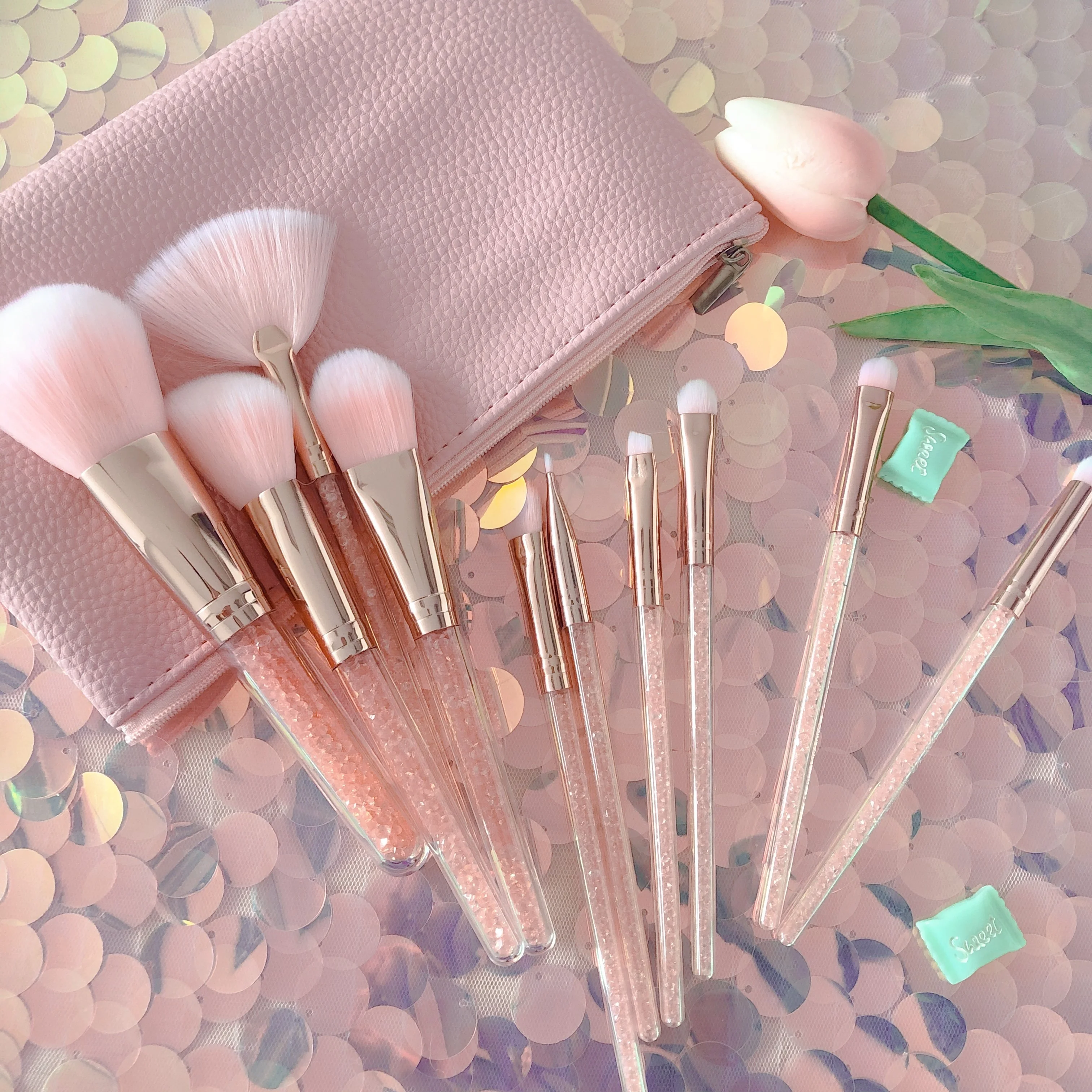  Pink 10 Professional Natural Goat Hair Makeup Brushes Foundation Powder Concealer Contour Eyes Blending Brush