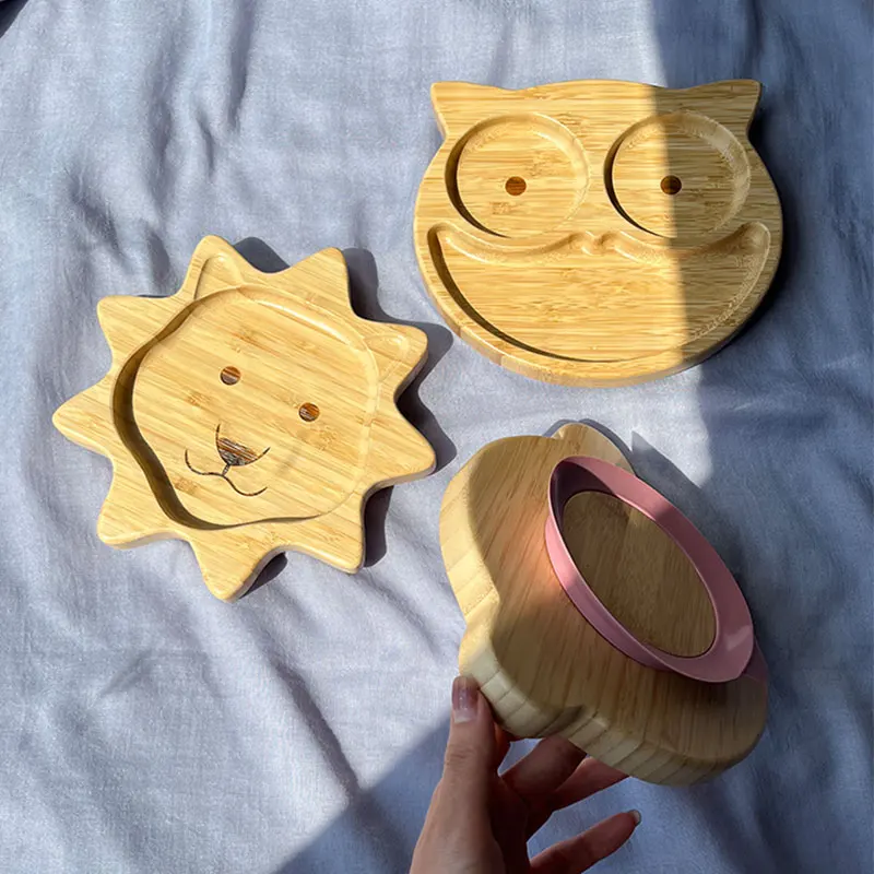 Eco-friendly Cute Animal Shape owl Bamboo Wooden Plates For Food Dinner Tableware