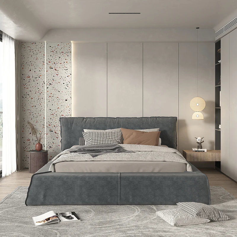 Italian light luxury multifunctional double bed nubuck leather master bedroom king bed villa luxury furniture bedroom