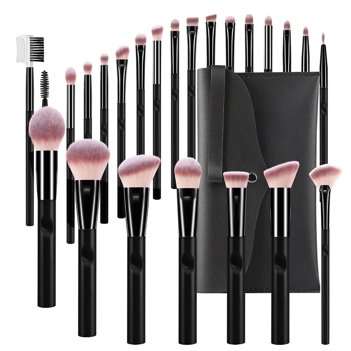 no logo hot sale brush set cosmetics 24 pcs pink black gray green color makeup brushes set with pu leather bag