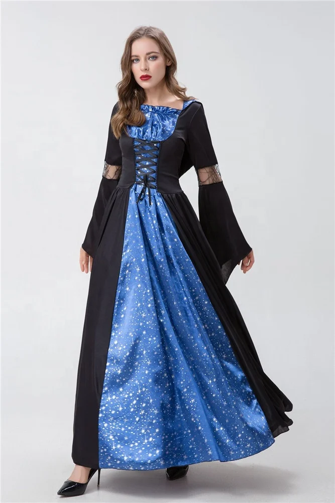 New Women Spring Autumn Halloween Girls Cosplay Witch Nightclub Queen Long Dress Party Game Costumes Dresses With Ha