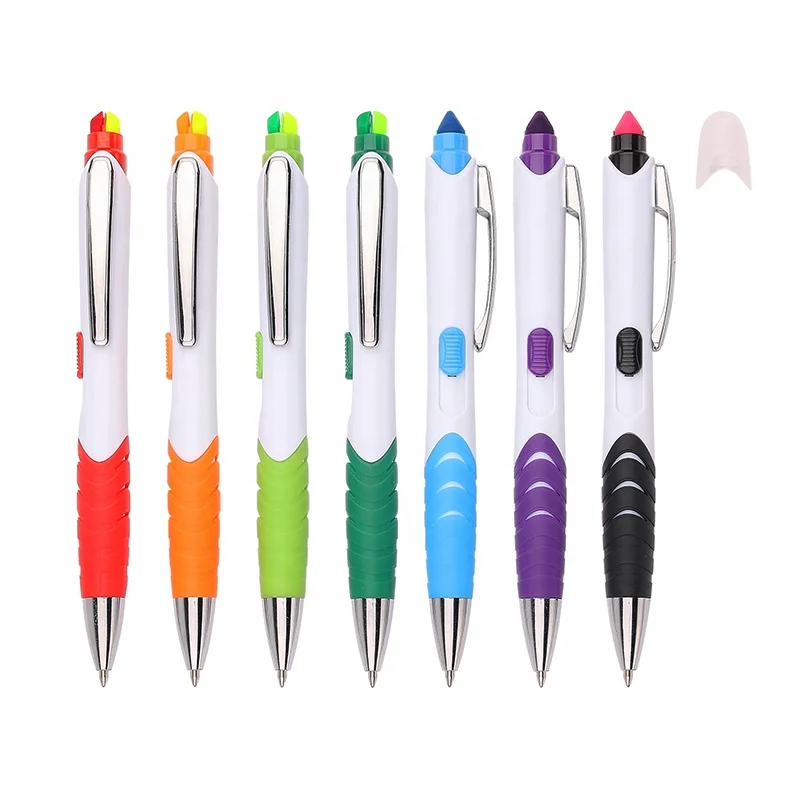New arrived eco-friendly solid white multi-functional ballpoint pen with two colors highlighter pen