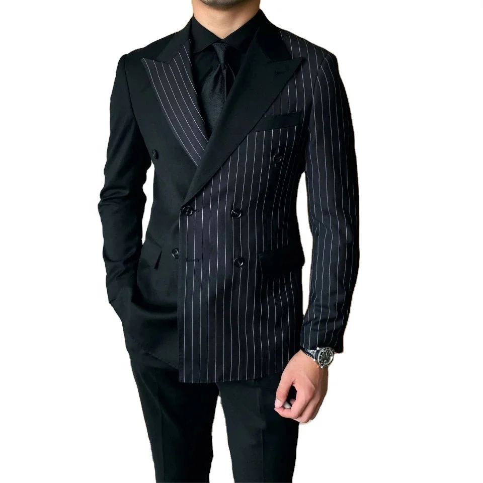 Pin Stripe Suits Fashion Wedding Tuxedo Terno Masculino Prom Groom 2 Pcs Slim Fit Blazer Men Suits