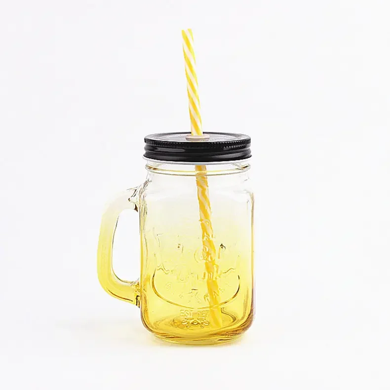 Free sample 500ml 16oz colored glass mason jar glass mason mug cup wide mouth  with lid and straw