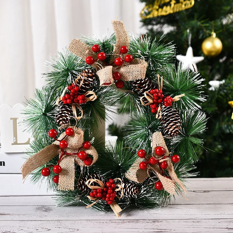 Christmas Wreath Artificial Pinecone Red Berry Garland Hanging Ornaments Front Door Wall Decorations Xmas Tree Wreath