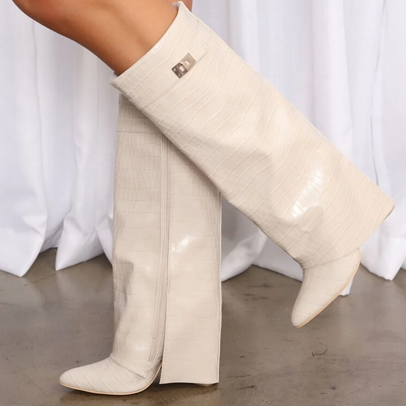 Chendgdu Women Boots Classic Design Fold Knee High Boots Crocodile Red Orange Pointed Toe Side Zipper Chunky Heel Winter Boots