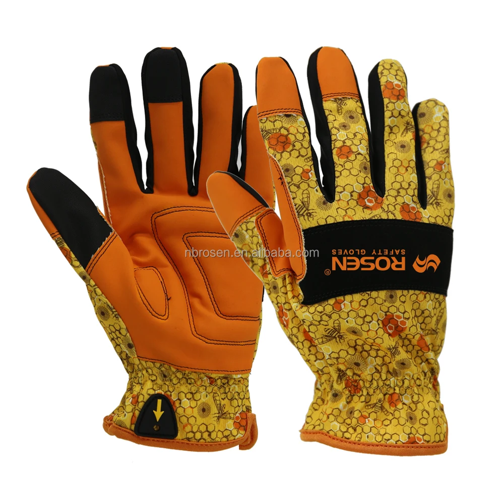 Ladies Nubuck Leather Palm Bright Yellow Orange  Flower Printed Rose Pruning Cut Resistant Garden Work Gloves for Women