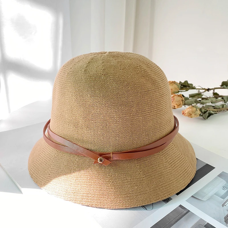 Wholesale Summer Mesh Hand-Woven Knit Sun Hat Women Fashion Korea Wide Brim UV Protection Dome Hollow out Bucket Hat with Belt
