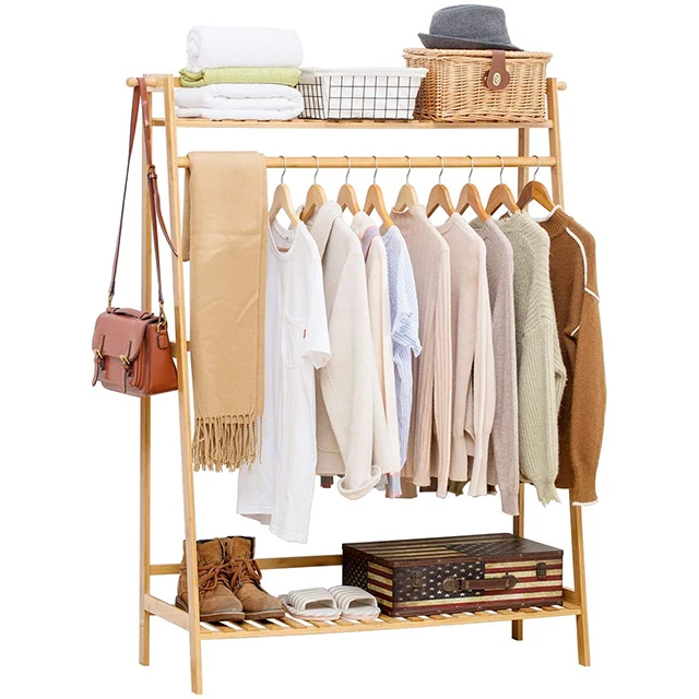 Strong Bearing Durable Bamboo Garment Coat Clothes Hanging Rack with top Shelf and Shoe Clothing Storage Organizer Shelves