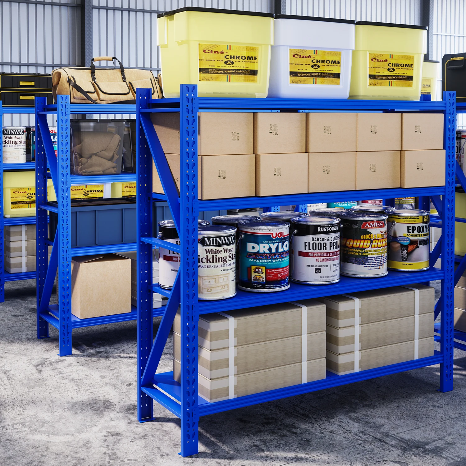 Sourcing Factory Supply Steel Blue Display Shelving 4 Tiers Metal Metro Garage Household Supermart Storage Display Solution