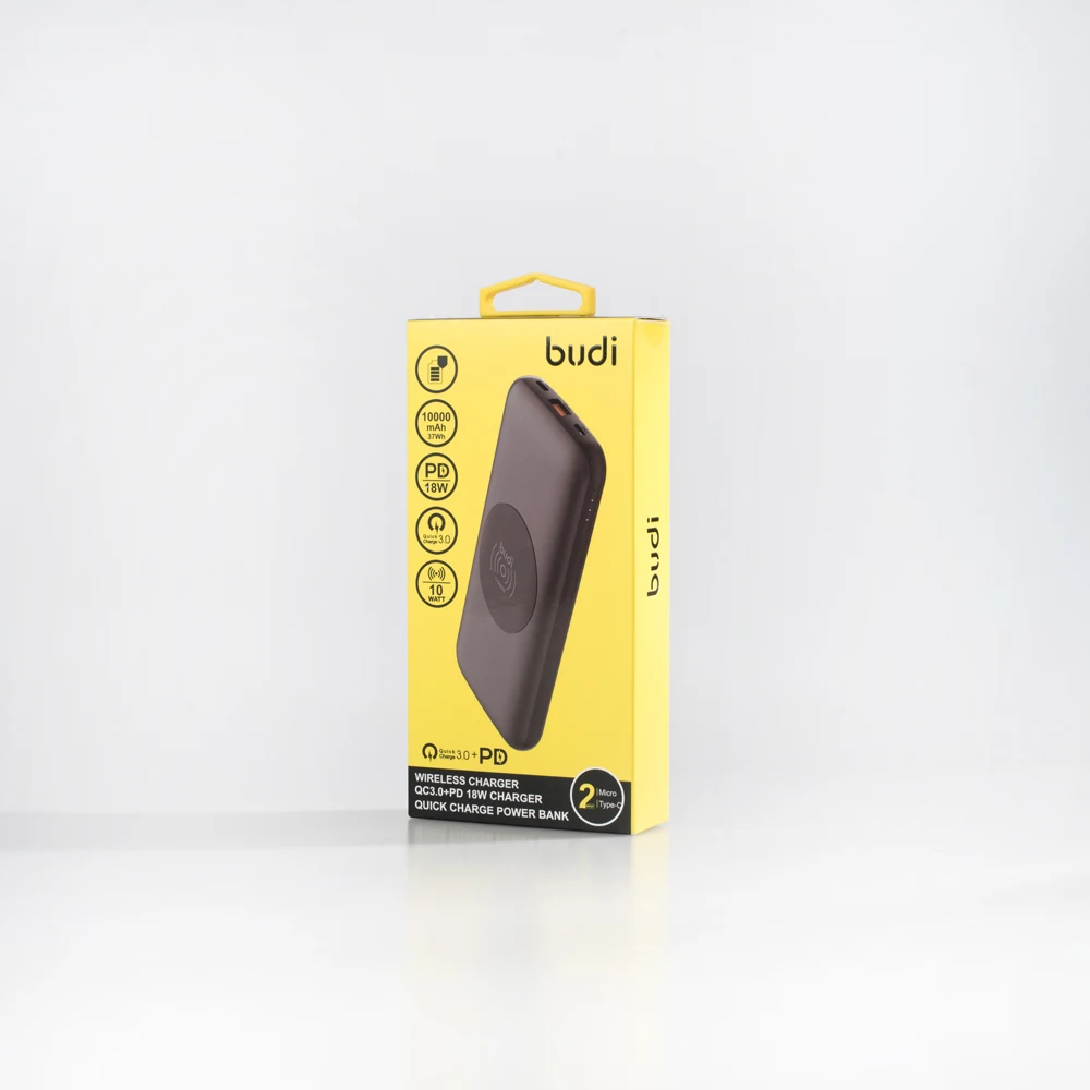 budi factory portable slim usb-c PD18w  QC3.0 18w fast charger 10W Qi wireless charging power bank 10000mAh