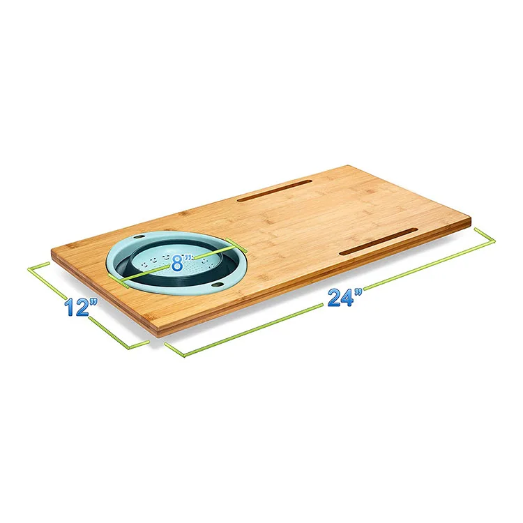 Custom new types multi-function 2 in 1 kitchen elegant bamboo over the sink cutting board with collapsible strainer