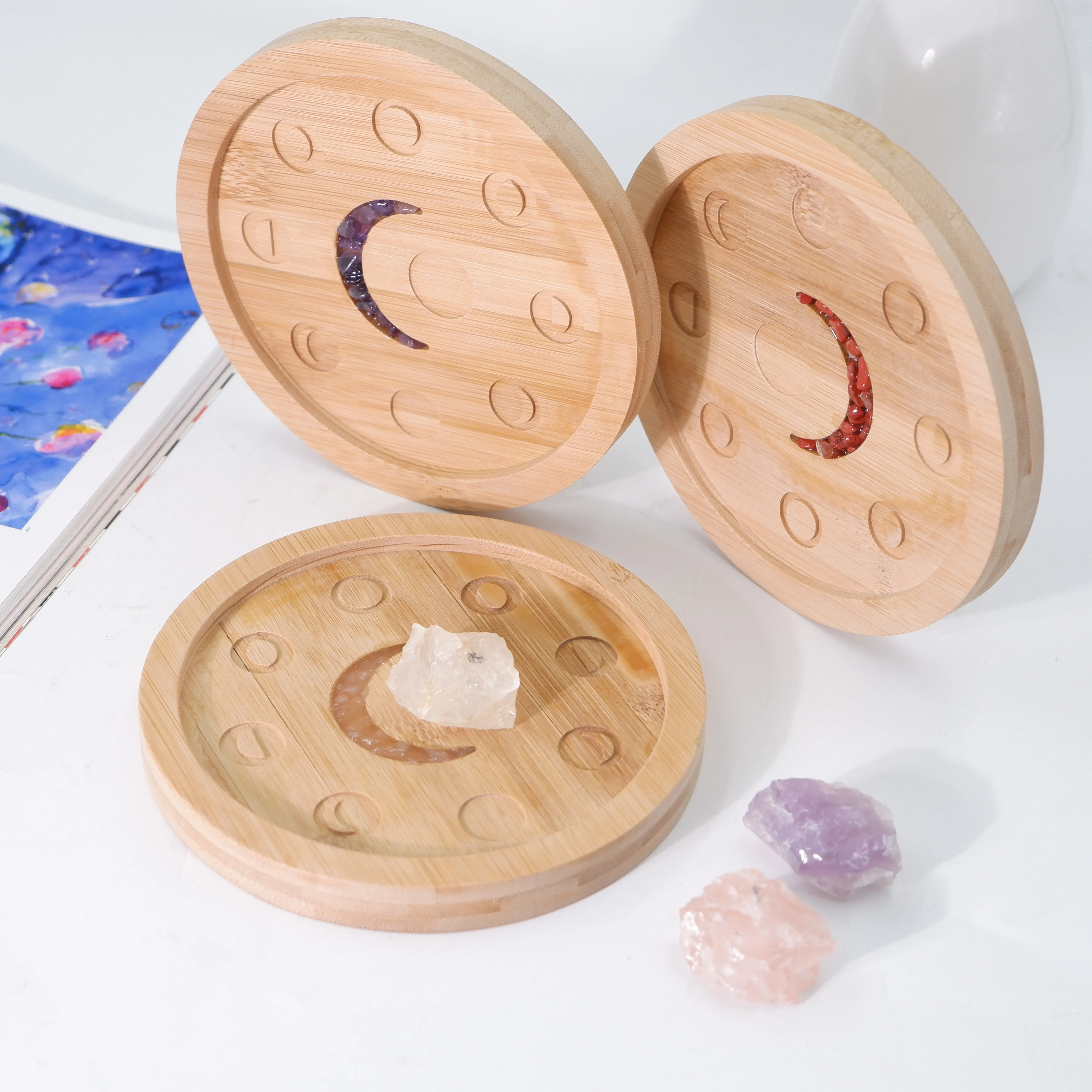 High quality wood office home decoration crystal lunar phase incense tray