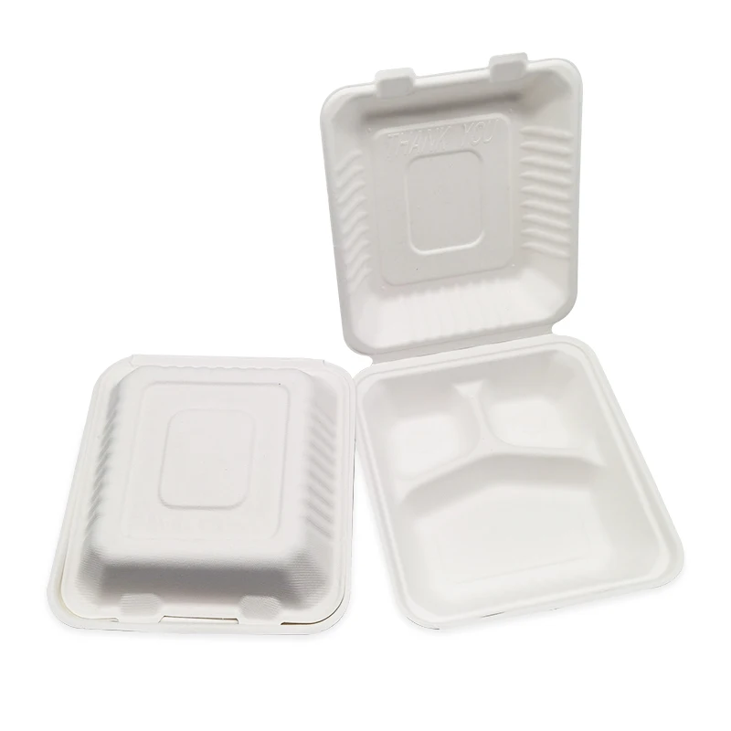 Eco Friendly Takeaway 3 Compartments Food Packaging Boxes With Lids Sugarcane Bagasse Biodegradable Lunch Containers