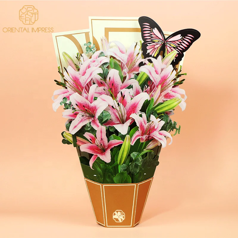 Paper Large Size Pop Up Lily Cards Forever Flower Bouquet with Butterfly Card and Envelope