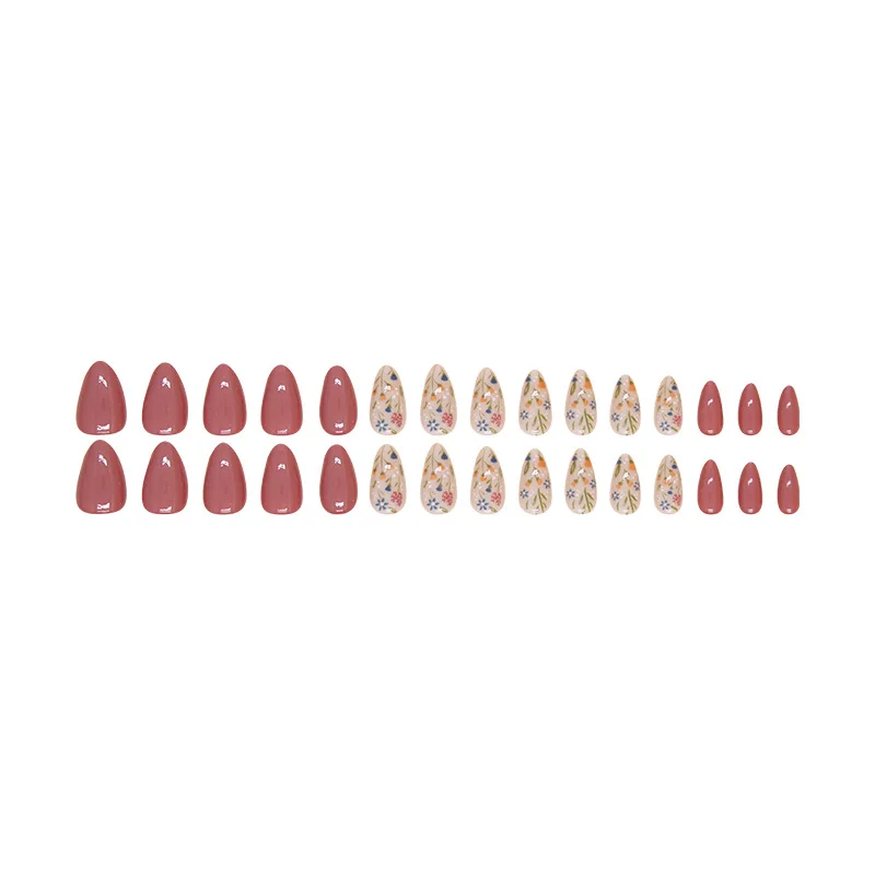30pcs Bean Sand Small Flowers Almond Coffin Acrylic False Nails Set DIY Salon Faux Nails