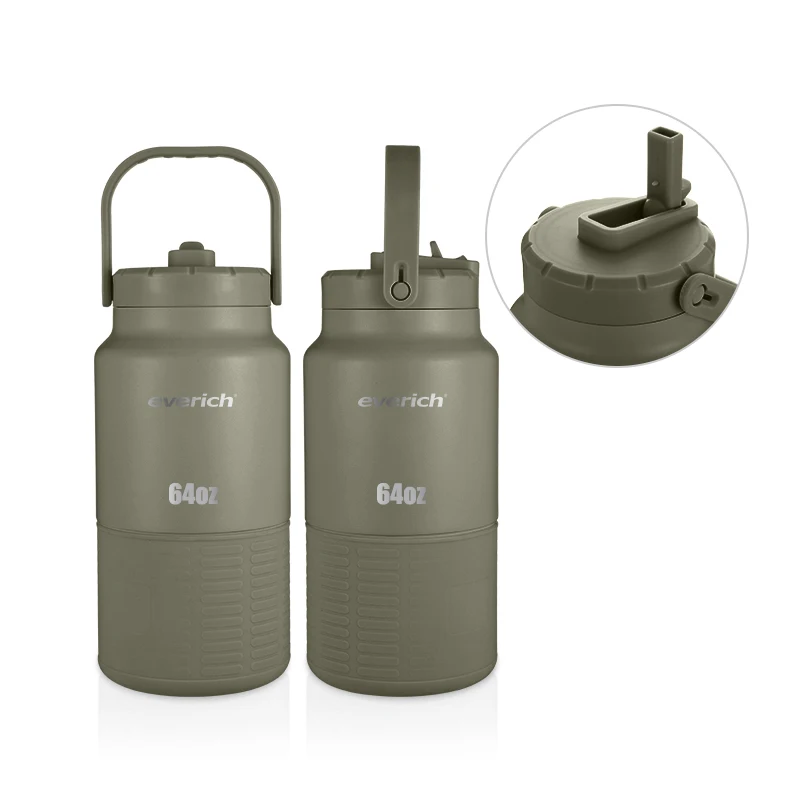 FLASK Sports Water Bottle - 64 oz Straw  and Spout  Leak Proof Vacuum Insulated  Growler Stainless Steel  Hot Cold Jug