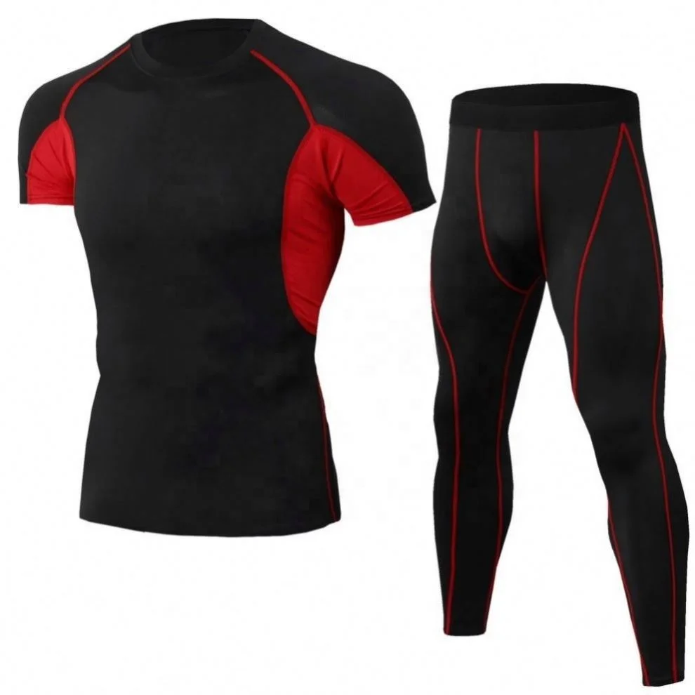 Hot Selling Custom Polyester Spandex Short Sleeve Two Piece Workout Gym Clothing Fitness Wear Set For Men Tights