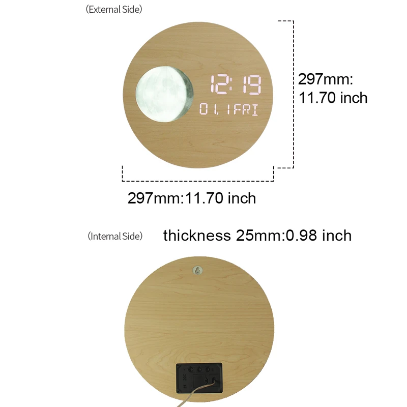 EMAF 12 inch large luxury LED simulation Moon Phases wooden LED digital wall clock minimalist decorative modern wall clock