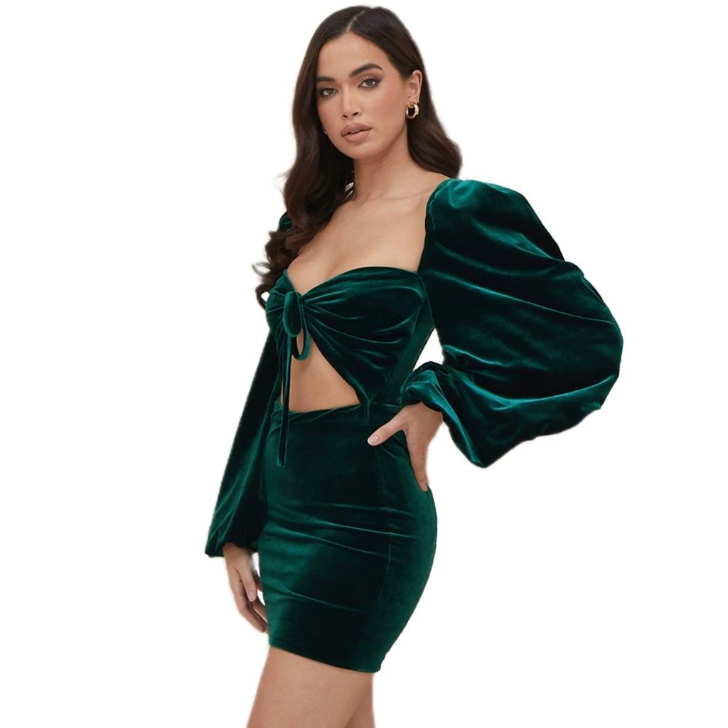 Wholesale Custom Emerald Green Lantern Long Sleeve Prom Clothes Ladies Women Mini Casual Party Elegant Velvet Dresses